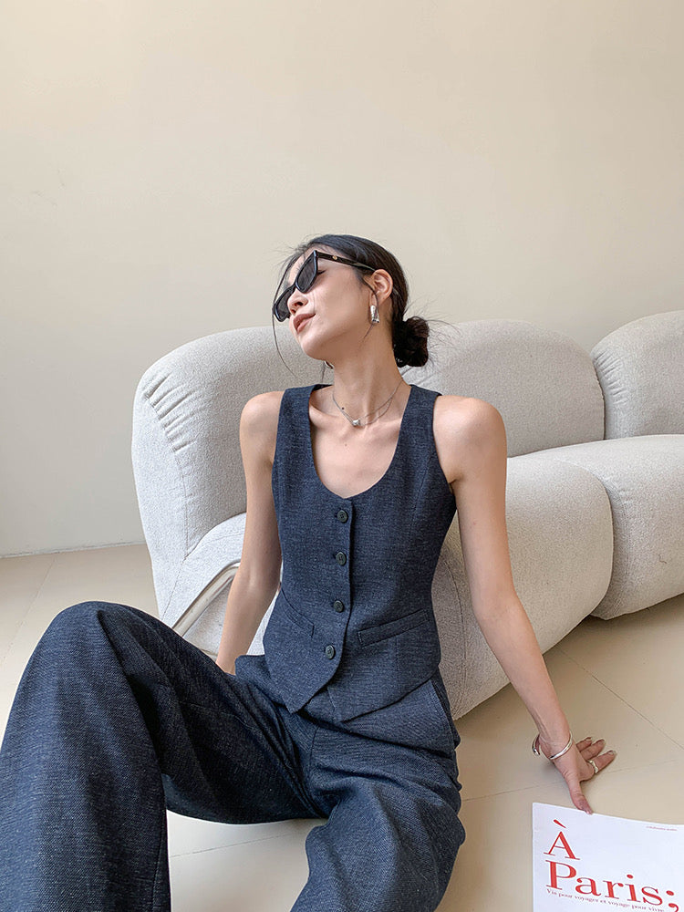 Cotton Linen Vest + Trousers Set in Navy