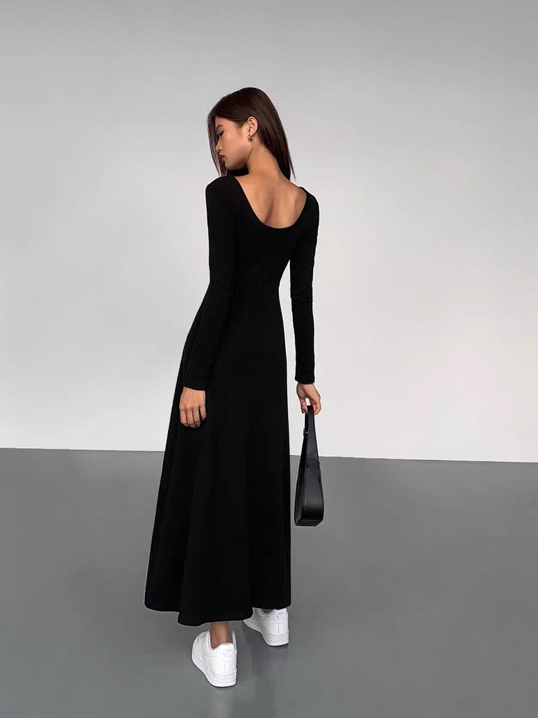 Long Sleeve Button Flare Maxi Dress in Black