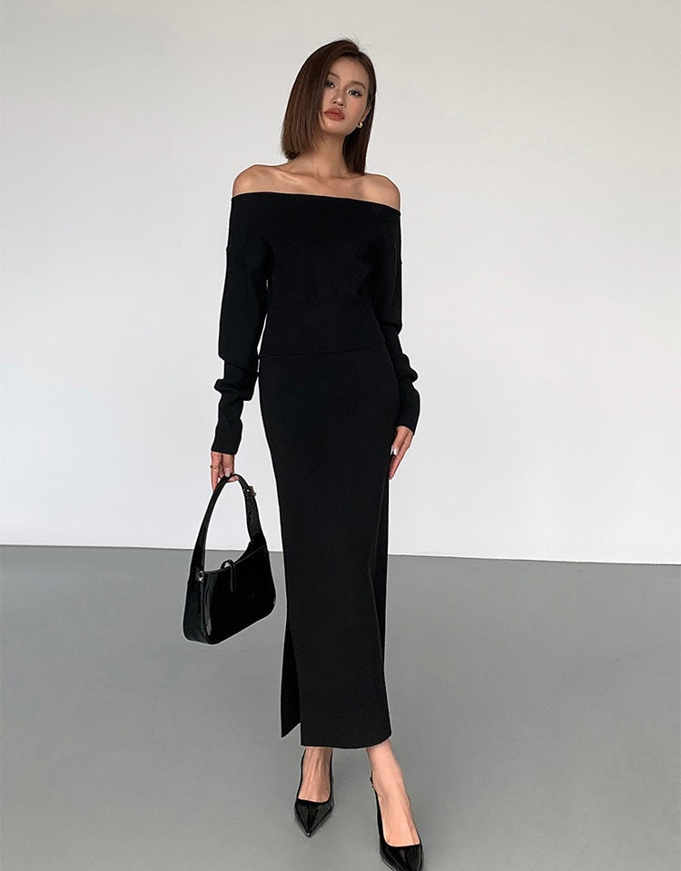 Knitted H-line Slit Skirt in Black