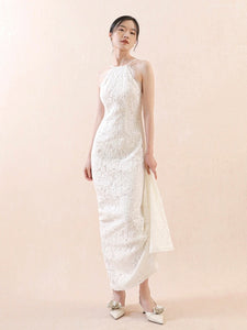 Drop Back Floral Lace Gown in White