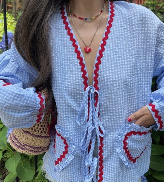 Gingham Contrast Ribbon Tie Blouse in Blue