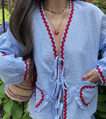 Load image into Gallery viewer, Gingham Contrast Ribbon Tie Blouse in Blue
