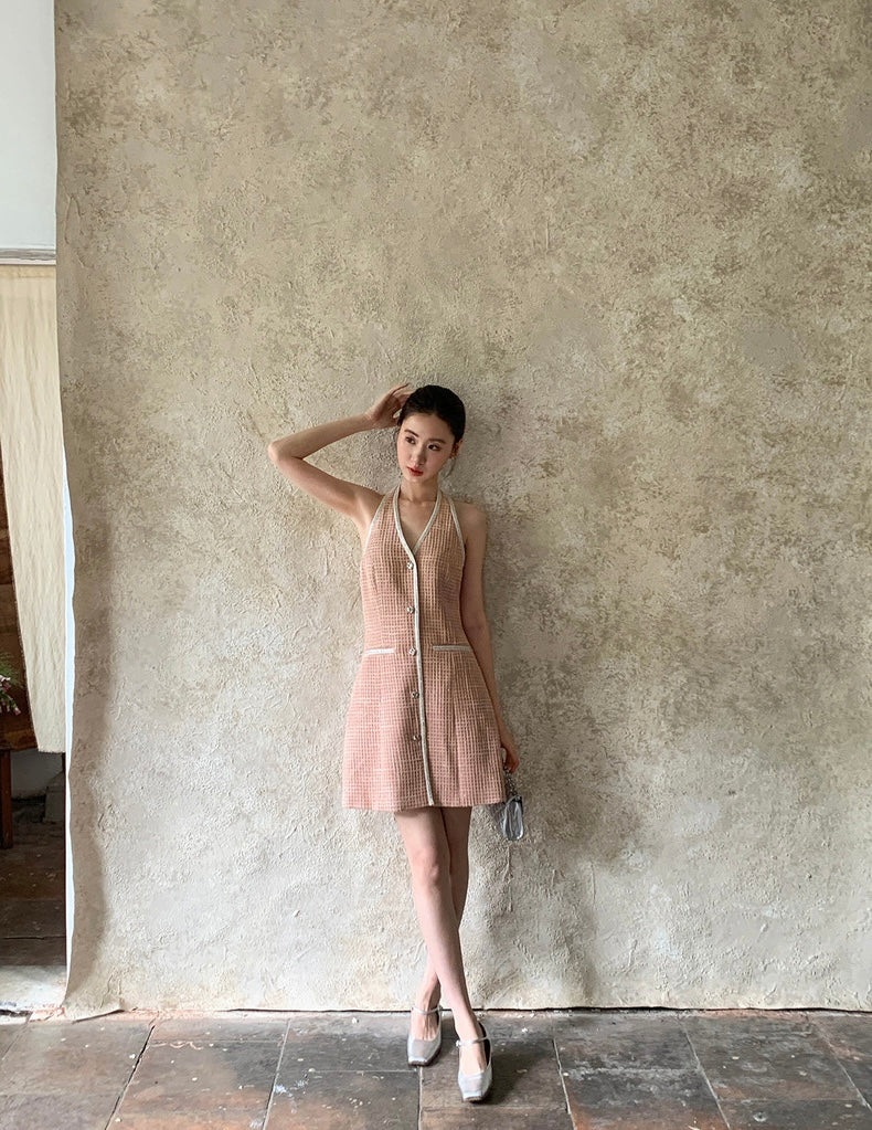 Tweed Halter Button Dress in Pink