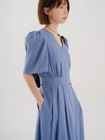 Load image into Gallery viewer, Tailored Puff Sleeve Tie Pocket Dress in Blue
