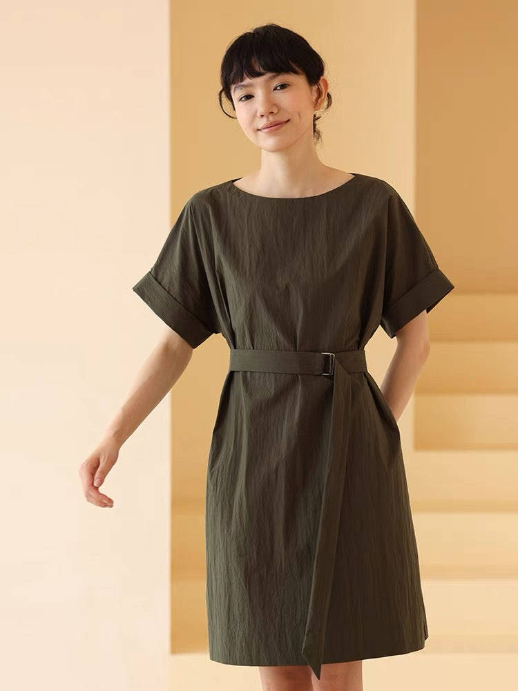 2-Way Crepe Pocket Shift Dress in Olive