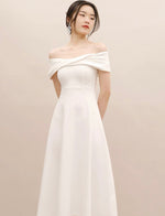 Load image into Gallery viewer, Off Shoulder Twist Flare Midi Dress in White
