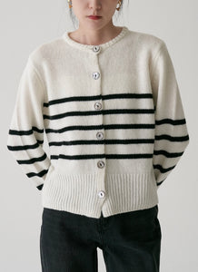 Mid Stripe Wool Cardigan in White