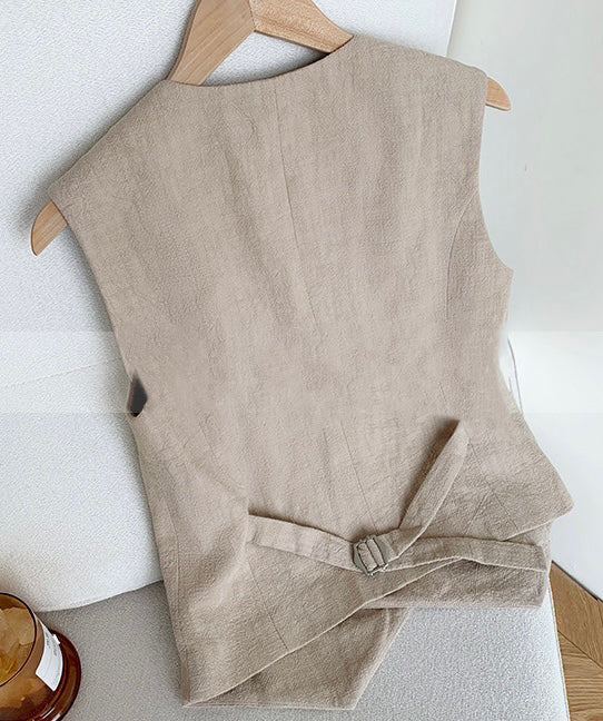 Asymmetric Button Linen Tuxedo Vest in Khaki