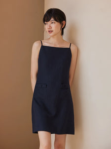 Cotton Linen Bow Pocket Shift Dress in Black