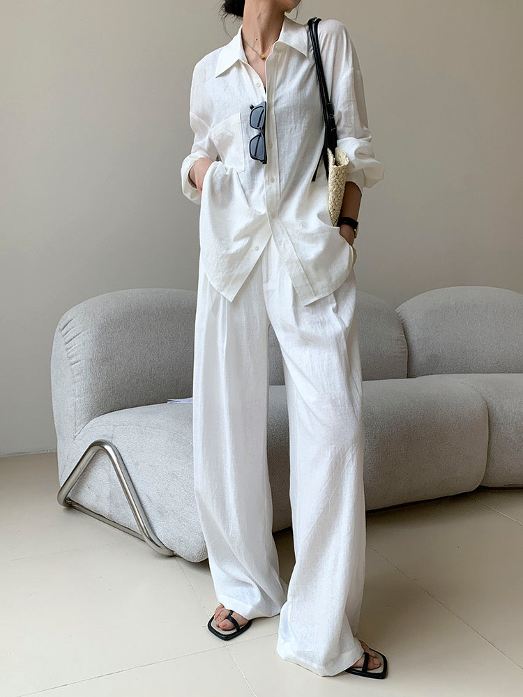 Cotton Linen Shirt + Pants Set in White