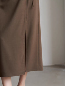 Midi Wrap Tie Slit Skirt in Brown