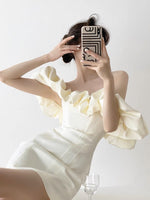 Load image into Gallery viewer, Off Shoulder Ruffle Bustier Mini Dress in Cream
