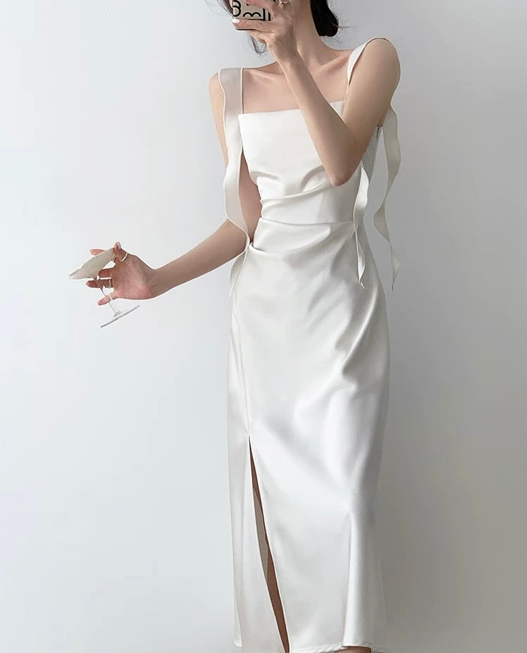 Ruffle Drape Slit Dress in White