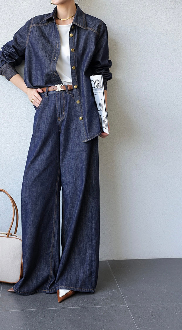 Denim Shirt + Skirt + Trousers Set in Navy