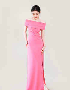 Off Shoulder Slit Maxi Dress in Pink