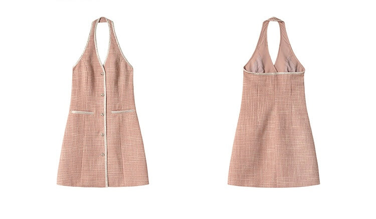 Tweed Halter Button Dress in Pink