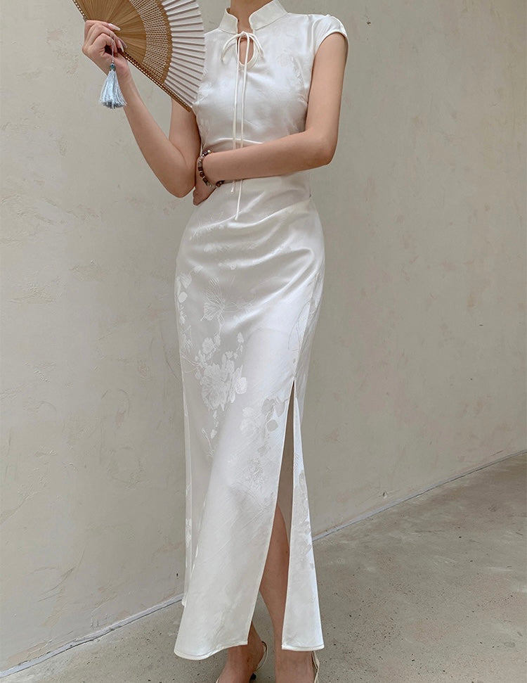 Chinoiserie Ribbon Tie Cheongsam in Cream