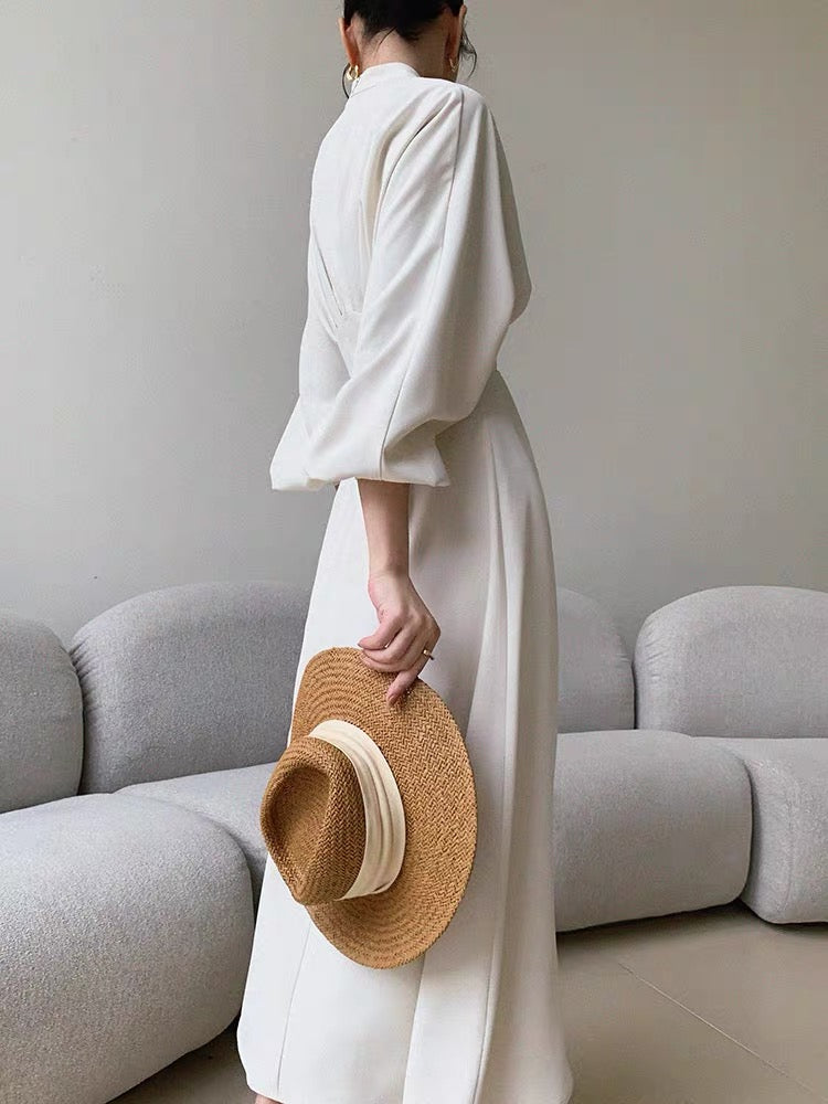 Empire Long Sleeve Midi Dress in Cream