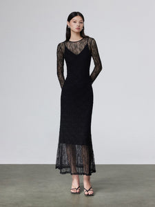 Sheer Lace Layer Dress in Black