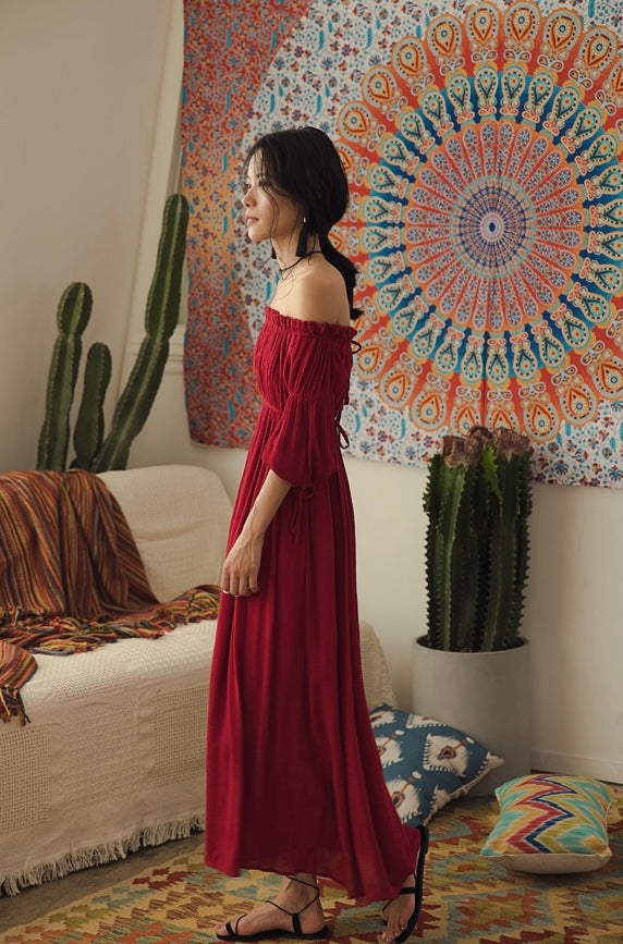 Off Shoulder Blouse Sleeve Maxi Dress in Red