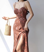 Load image into Gallery viewer, Ibizia Floral Wrap Tie Strap Slit Dress in Brown
