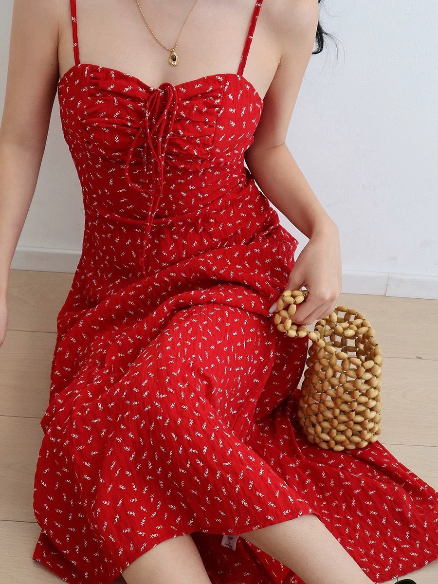 Crepe Floral Cami Midi Dress in Red