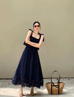 Load image into Gallery viewer, Laser Cut Tie Top + Skirt Set in Navy
