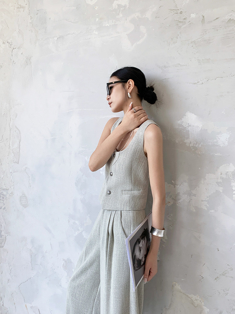 Textured Vest+ Trousers Set in Grey