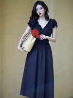 Load image into Gallery viewer, Puff Sleeve Pocket Maxi Dress in Black
