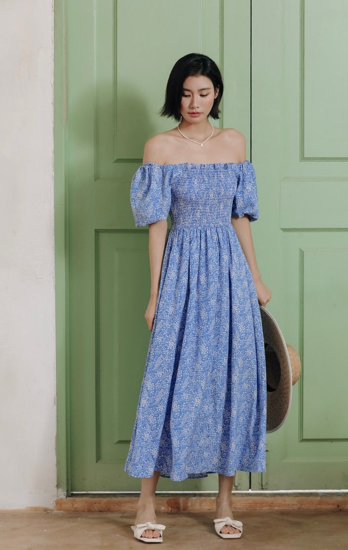 Off Shoulder Floral Blouson Dress in Blue