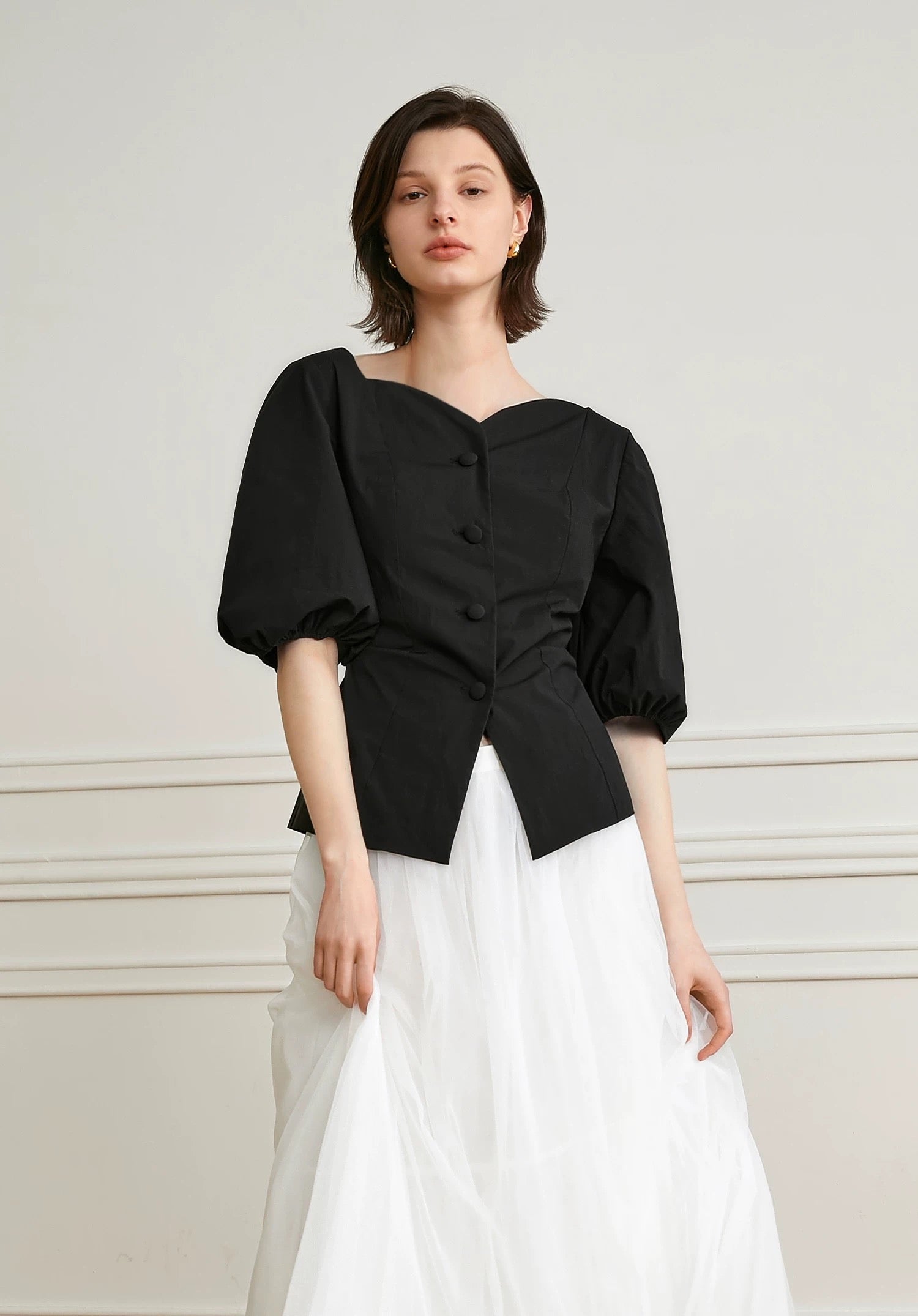 Peplum Blouson Button Blouse [2 Colours]