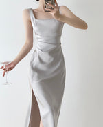Load image into Gallery viewer, Square Neck Sheen Midi Dress in Silver
