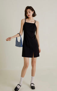 Double Cami Cross Strap Mini Dress in Black