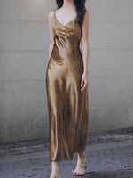 Load image into Gallery viewer, Metallic Tie Back Slip Dress in Gold
