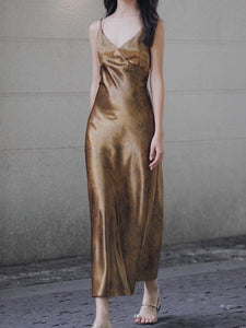 Metallic Tie Back Slip Dress in Gold