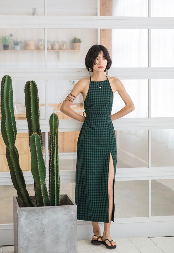 Checked Tie Back Slit Maxi Dress in Green