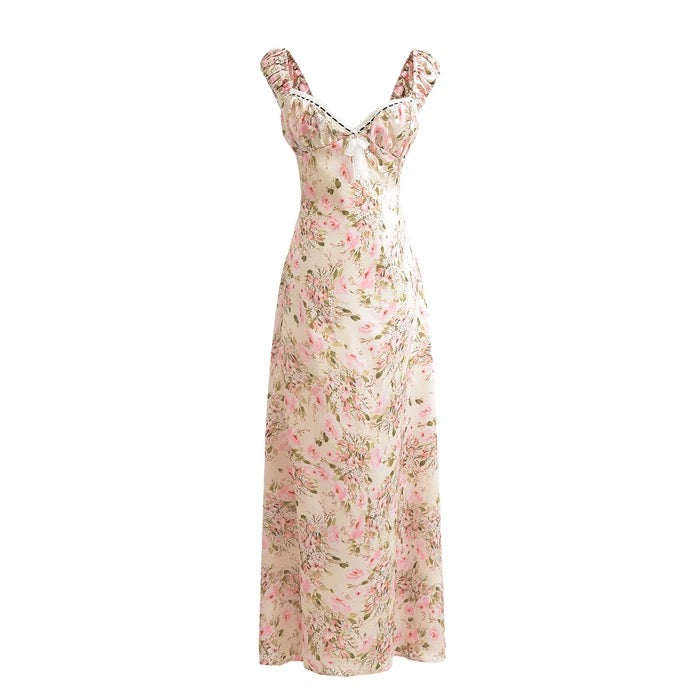 Brielle Floral Empire Satin Dress in Pink