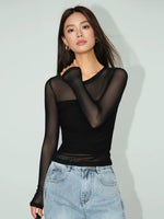 Load image into Gallery viewer, Sheer Panel Long Sleeve Top in Black
