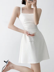 Side Gathered Flare Mini Dress in White