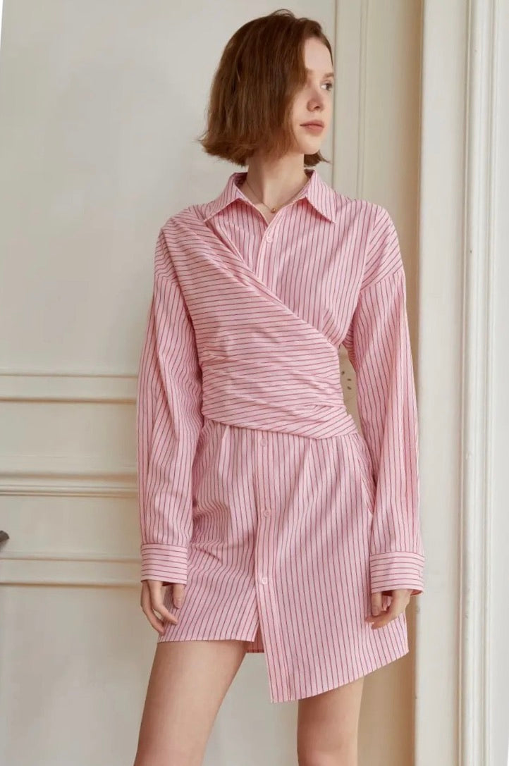 Long Sleeve Striped Wrap Shirt Dress in Pink