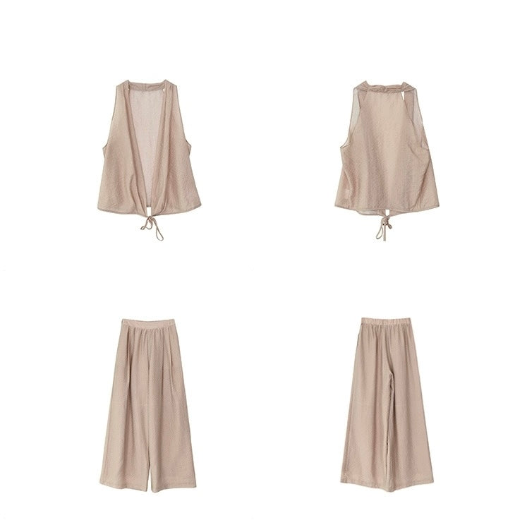 Tencel Wrap Top + Trousers Set in Brown