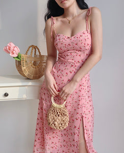 Blush Floral Tie Strap Slit Dress in Pink
