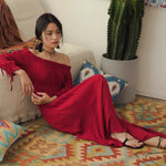 Load image into Gallery viewer, Off Shoulder Blouse Sleeve Maxi Dress in Red
