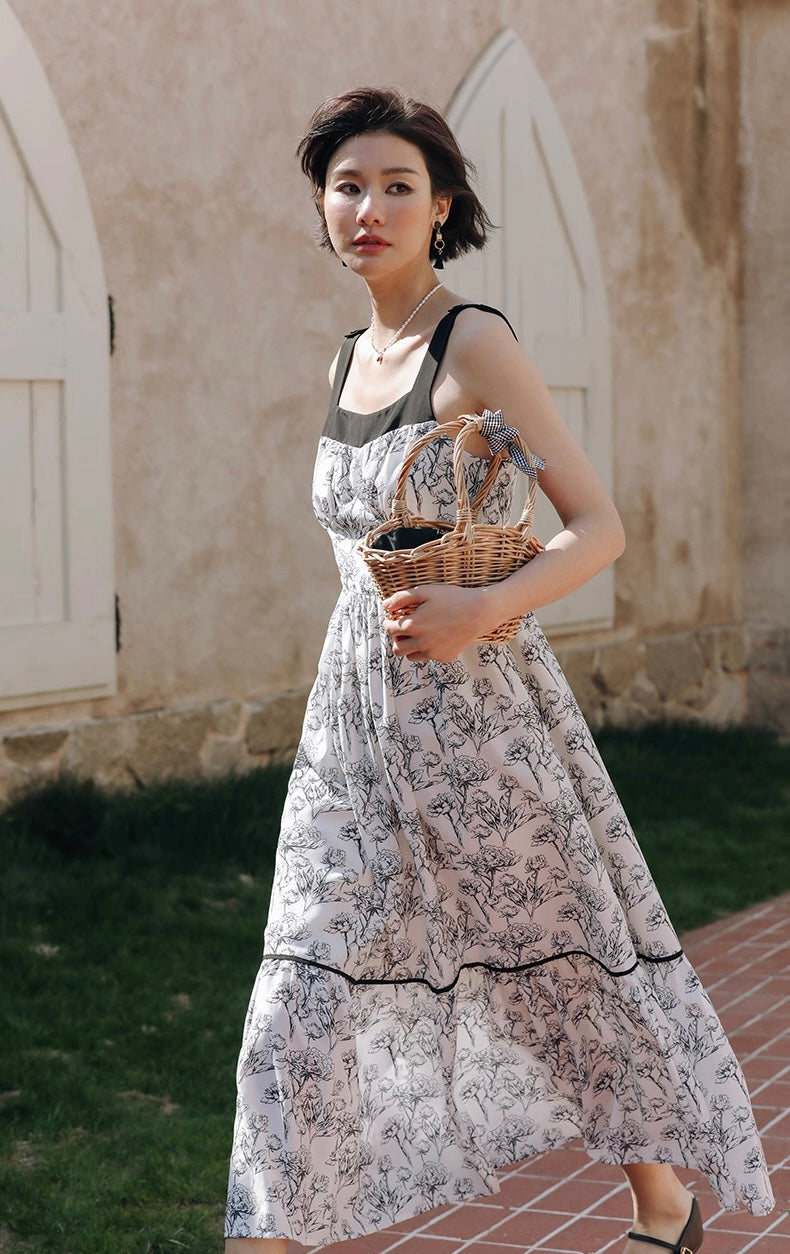 Floral Panel Maxi Dress in Black/White