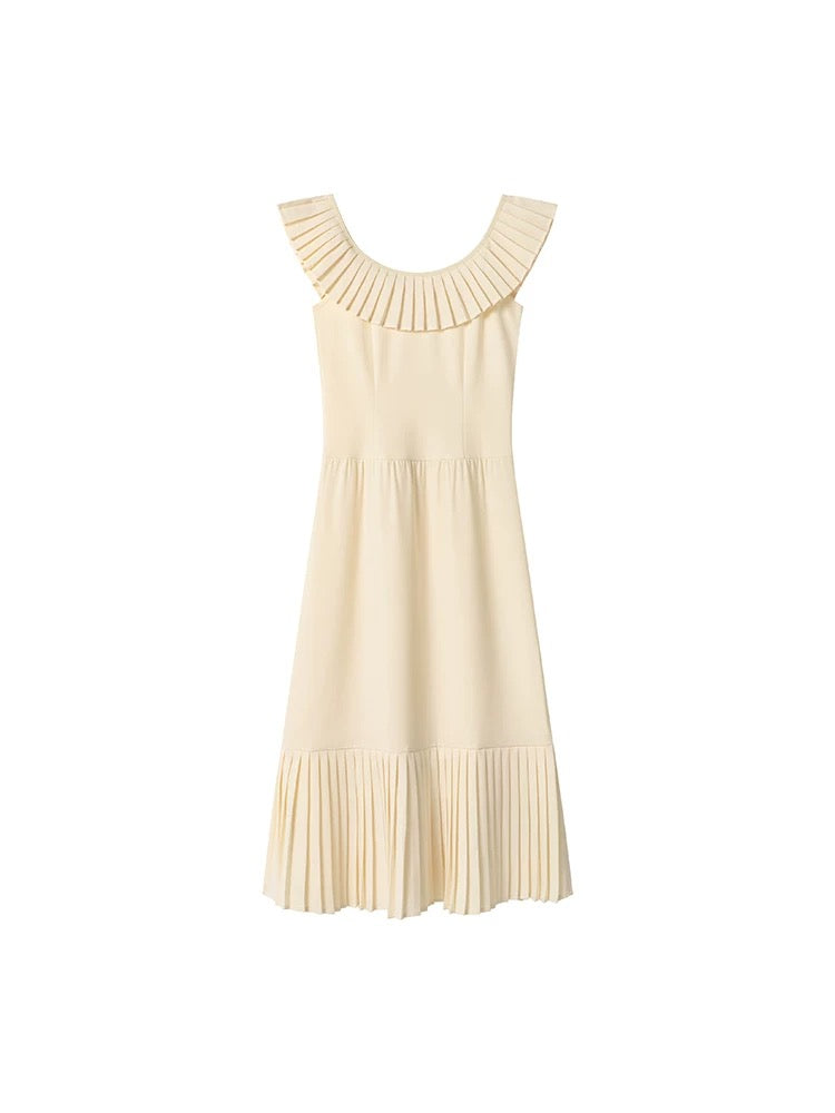 Tencel Blend Pleated Midi Dress in Cream