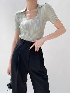 Wide Rib Collar Top in Green