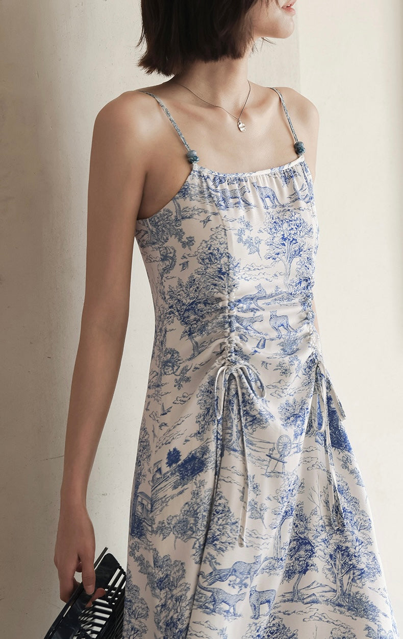 Toile Printed Cami Dress in White/Blue