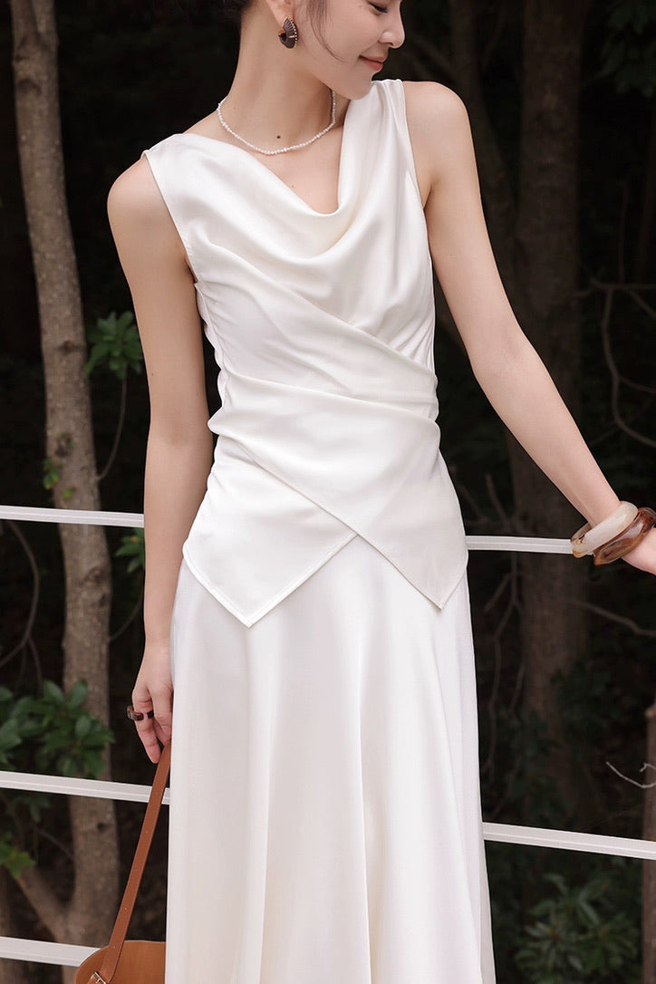 Satin Drape Wrap Top // Maxi Skirt in Cream