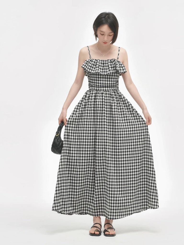 Gingham Pocket Maxi Dress in Black