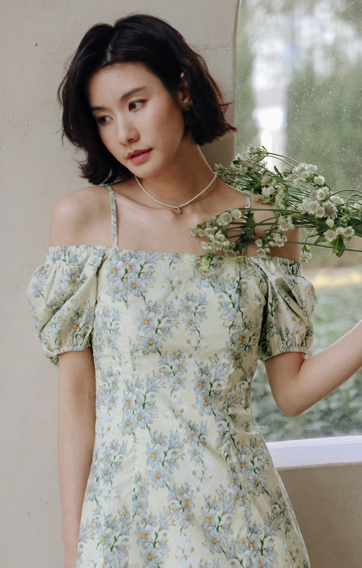 2-Way Floral Puff Sleeve Dress in Yellow